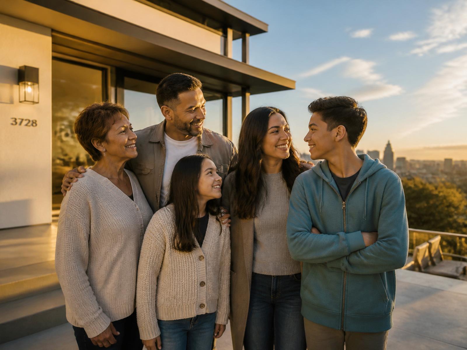 A multigenerational family on the porch of their home at golden hour